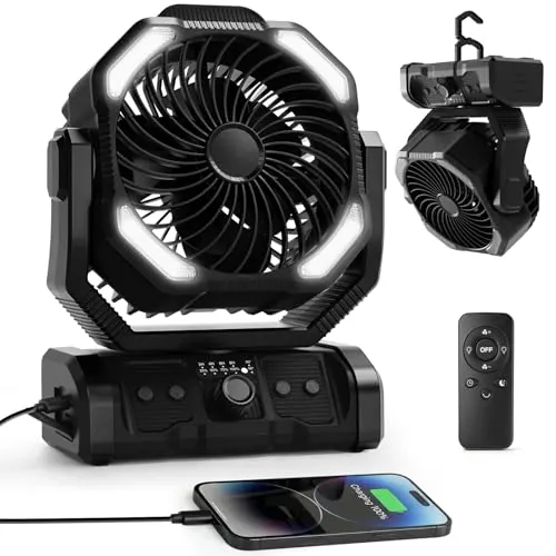 ELZO Camping Ventilador 20000mAh, Portátil Recargable para Escritorio Tienda de Campaña con Control Remoto y Gancho, Luz LED, Ventilador USB de Velocidad Continua, Hogar Exterior Viajes Pesca