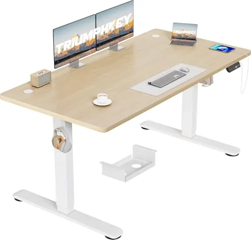 TRIUMPHKEY Escritorio Elevable Regulable en Altura 140x70cm, Toma USB Control de 3 Memorias,Grande Mesa Elevable con Anticolisión, Escritorio de Ordenador Roble Blanco