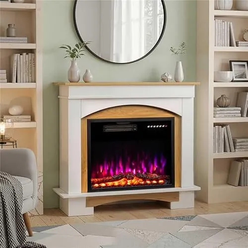 HOMAVO 23" Chimenea Eléctrica con Calefacción, 1000W/2000W Chimenea Decorativa, 12 Colores de Llama 3D, 4 Colores de Fuego de Madera, Control Remoto, Incluido Mueble Chimenea