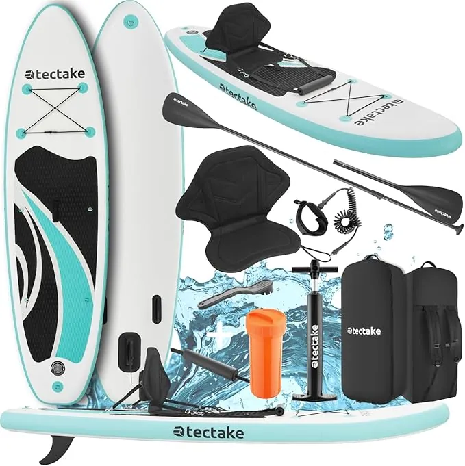 tectake® Tabla de Paddle Surf Hinchable, Incluye Remo 2 en 1, Asiento de Kayak, Bomba de Aire, Mochila de Transporte, Stand Up Paddle, Accesorios Paddle Surf, Tabla Hinchable