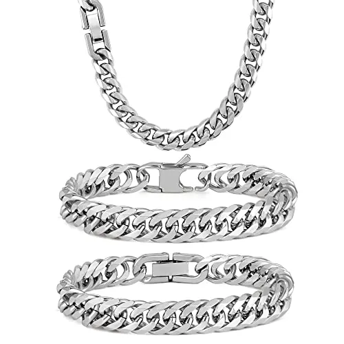 Aospkle Juego de 3 pulseras de eslabones cubanos, cadena de eslabones cubanos de acero inoxidable 316L resistente para hombre, 8 mm, 7/8/9 pulgadas, 8 inch, Acero inoxidable, No es una piedra preciosa