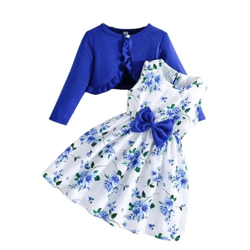 Yanmucy Pequeñas Niñas Vestidos con Cardigan Conjuntos 2 PCS Bebé Niñas Vestidos Florales Niños Pequeños Manga Larga Abrigo Ropa de Niñas para 2-8 Años