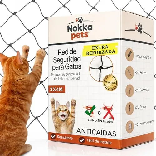 NOKKA PETS Red Gatos Terraza 4x3m - Reforzada con Alambre – Kit de Instalación Incluido – Máxima Seguridad Anticaídas para Balcón, Terraza y Ventanas – Red para Gatos UV Resistente Gatos Curiosos