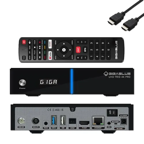 GigaBlue UHD Trio 4K Pro - 1xDVB-S2X MS + 1xDVB-C/T2 Receptor Combo para satélite, Cable/T2 señal, E2 Linux TV Box, reproducción Multimedia, función PVR, 1200Mbps WiFi, HTS e-com Cable HDMI