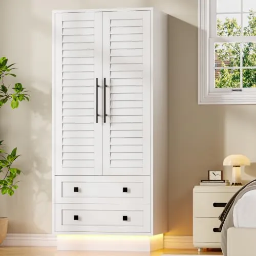 Feonase Armario con 2 puertas y 2 cajones, iluminación LED, color blanco, para dormitorio, 175 x 75 x 48 cm