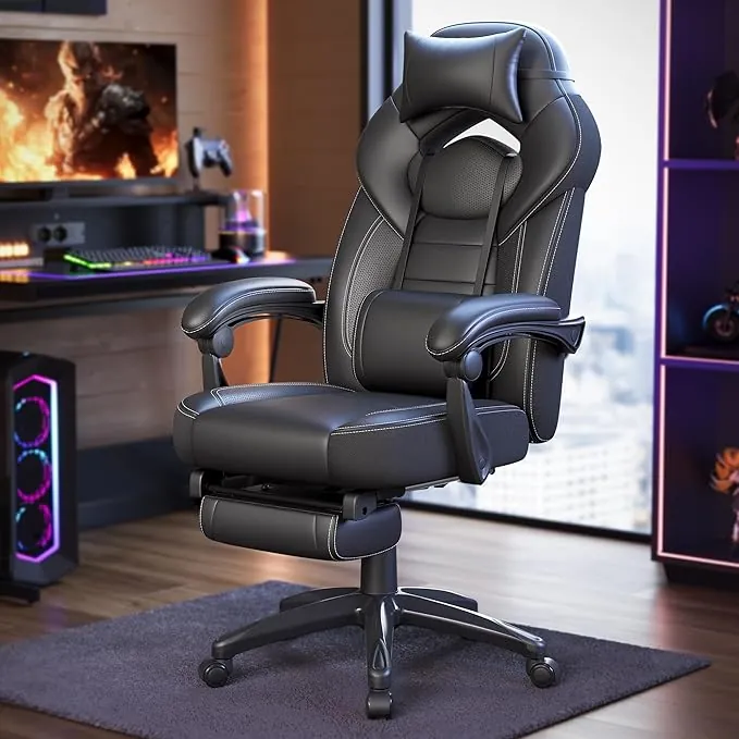 SONGMICS Silla Gaming, Silla de Oficina, Ordenador, Diseño Ergonómico, con Reposapiés, Reposacabezas Ajustable, Cojín Lumbar, Capacidad de Carga 150 kg, Negro OBG077B01