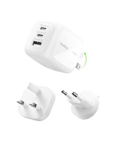 Belkin BoostCharge Pro Cargador USB-C GAN 70W, 3 Puertos y Adaptadores