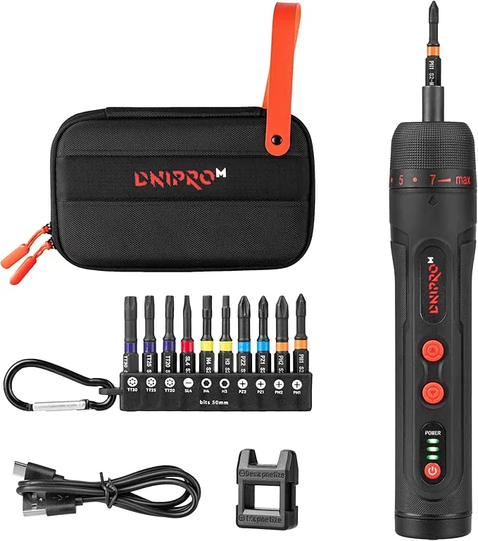 Destornillador Eléctrico 3.6V, Atornillador Eléctrico a Batería 2000 mAh USB-C, 4,5 Nm Auto / 10 Nm Manual, 320 rpm, Luz LED, 10 Puntas – Mini Atornillador para Muebles y Bricolaje, CSD-40X