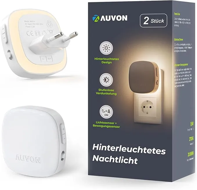 AUVON Luz Nocturna Infantil Enchufe, Luz con Sensor de Movimiento y Sensor de Crepúsculo, 2 Piezas Luz Bebe Nocturna Night light de Color Ajustable de 1-50 lm, Escalera, Dormitorio, Cocina