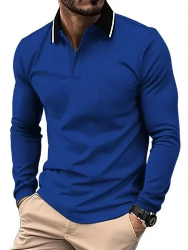 JACKETOWN Polo para Hombre Polo Manga Larga Camiseta de Golf Trabajo Transpirable T Shirt con Bolsillo Primavera Otoño Camisetas de Senderismo Pesca,Azul Real,XL