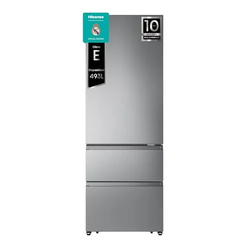 Hisense RT641N4AIE - Frigorífico Combi No Frost Inox Puerta Francesa, Eficiente Clase E, Capacidad 493 L con 200 cm Alto, Super Freeze, Total No Frost, Puerta Reversible, Silencioso 38dB, Color Inox