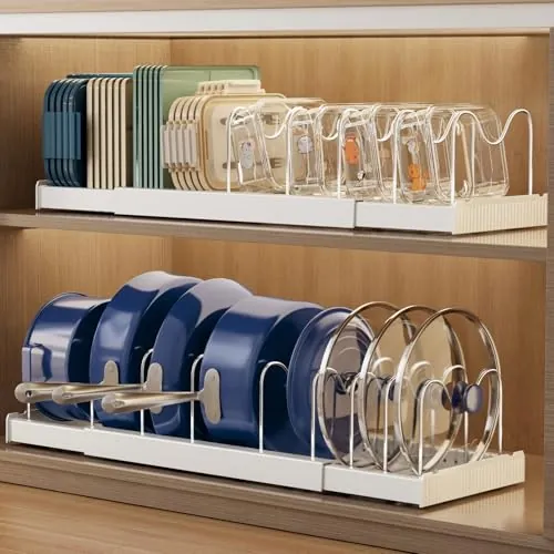 Magheo 2 Piezas Organizador Sartenes, Expandible Organizador Sartenes Y Ollas Tapas con 9 Divisores Ajustables, 32-57CM Organizador Armario Cocina, Kitchen Organizer Pot Lid Storage Rack (Blanco)