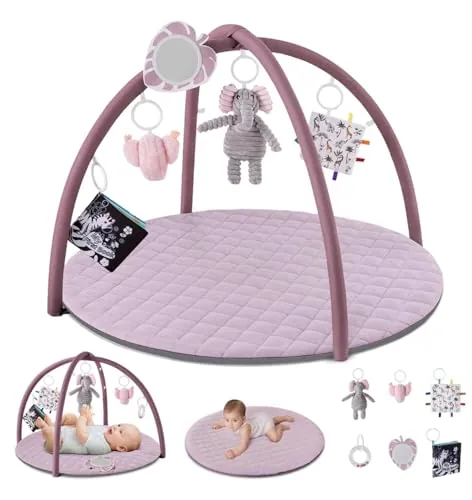 Blissful Diary Gimnasio Bebe Con Arco Desmontable, Manta Actividades Bebe De Forma De Hoja Con 6 Juguetes - Desarrollo Sensorial Y Motor Progresivo, Regalo Para Bebés, Rosa Lavanda