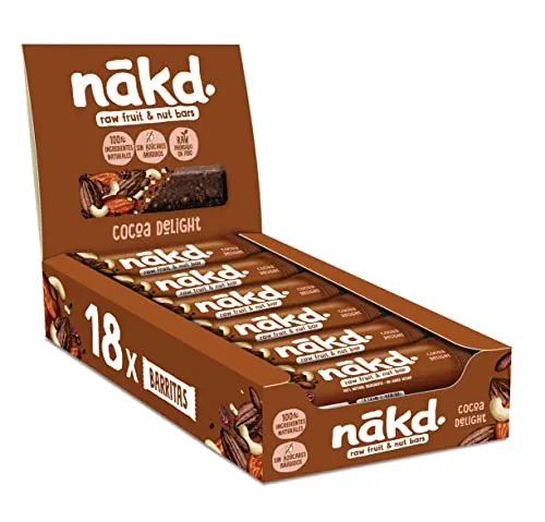 Nākd. Cocoa Delight - Barritas Raw de Fruta y Frutos Secos - 100% Ingredientes Naturales - Sin Azúcar Añadido - 18 x 35g
