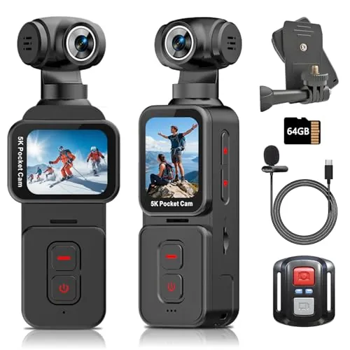 IXROAD 5K Body CAM Mini Action CAM, Lente Giratoria Eléctrica, Seguimiento Facial, Camara Deportiva Cámara Accion para Vlog POV, Videocamara Corporal con Micrófono Externo, Tarjeta TF de 64 GB