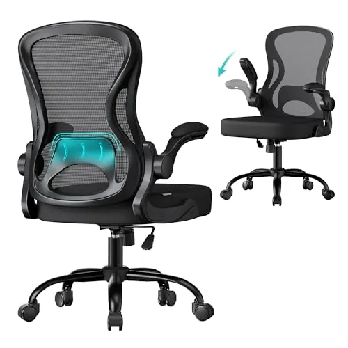 SONGMICS Silla de Oficina Ergonómica, Silla de Escritorio Giratoria de Malla con Soporte Lumbar, Reposabrazos Abatibles, para Estudio y Dormitorio, Negro Tinta OBN042BH02