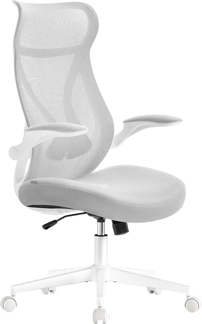 SONGMICS Silla de Oficina Ergonómica, Altura Ajustable, Respaldo Ergonómico, Giratoria con Reposacabezas, Reposabrazos Abatibles, Carga de 150 kg, Gris Paloma OBN088GD01