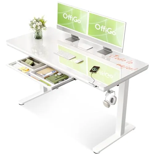 OffiGo Mesa Escritorio Elevable de Cristal con Cajón 140×60 cm, Blanco
