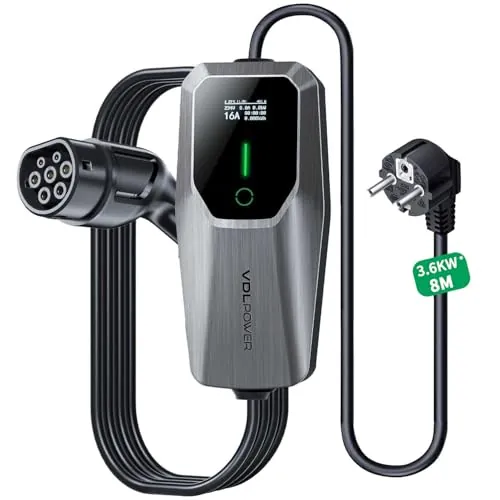 VDLPOWEREU Cargador Coche Electrico, Cargador de Vehículo Eléctrico de 3,6 Kw 8m Tipo 2, Cable de Carga de Vehículo Eléctrico 8-16A, con Enchufe de La UE para Tomas estándar de la UE IEC 62196-2
