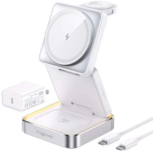 Estacion de Carga Apple 25W, Plegable Cargador Inalámbrico Rapida para iPhone 17 16 15 14 13 12, 3 en 1 Base de Carga iPhone y iWatch, Soporte de Carga de Viaje con AirPods Pro con 45W Adaptador