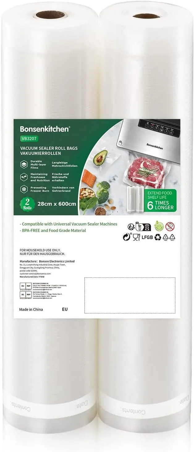 Bonsenkitchen Rollos al Vacio para Envasadora al Vacío, 2 Rollos 28 x 600cm Bolsas de Vacio Gofradas para Conservación de Alimentos y Sous Vide Cocina & Boilable, BPA Free, VB3207