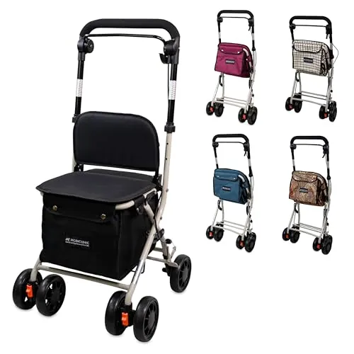 Mobiclinic®, Andador Plegable, Carro de la Compra con Asiento, Coliseo, Monomando, Acero, Gran Cesta, Respaldo y Acolchado, Sistema Frenado, Ruedas 360º, Negro