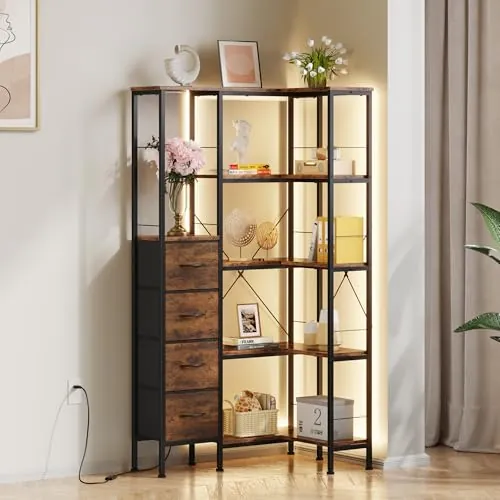 Estanteria Esquina 5 Niveles LED 4 Cajones Tela, Estanterias Libros Rustica | Libreria Estanteria Esquinera, Estanteria para Libros Industrial, Almacenaje para Sala Dormitorio Oficina