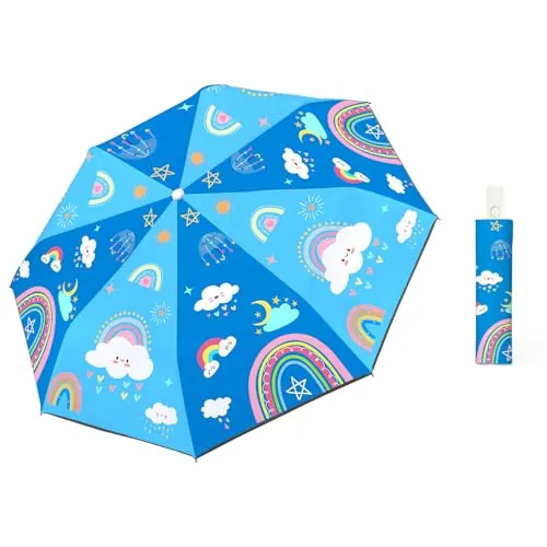 alldomess Paraguas Plegable Niños Antiviento,Paraguas Compacto Anti-UV con Cinta Reflectante 368°, Ligero y Mignon Paragua Anti-Rebote Seguro para Bebés, Niñas y Niños,Arcoíris