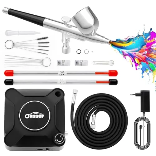 Oasser Kit Aerógrafo con Compresor Profesional Airbrush 36PSI Doble Acción Juego Pistola Regulación Voltaje Continua Modelos Decoración Tartas Uñas