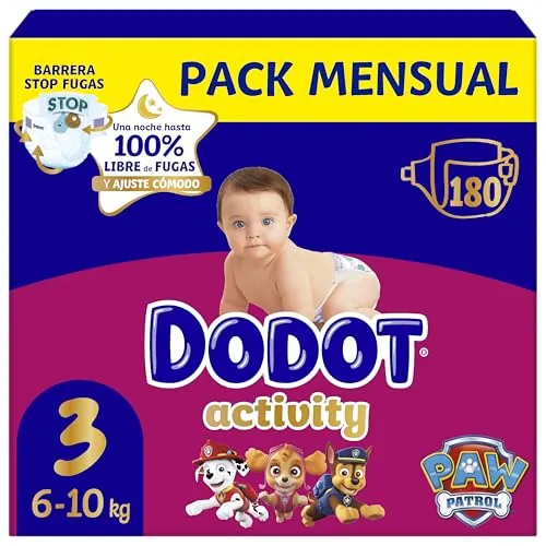 Dodot Pañales Bebé Activity, Talla 3 (6-10 kg),180 Pañales, Hasta 12h de Protección Antifugas y Ajuste, Pack Mensual