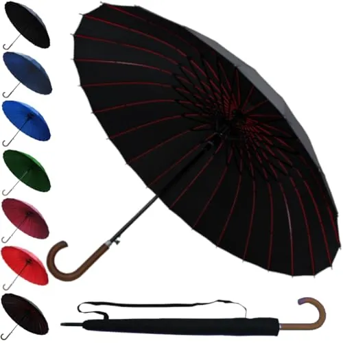 COLLAR AND CUFFS LONDON 95KPH 24 Varillas Rojo - Paraguas Clásicos Extra Grandes XL Antiviento Automático Hombre Mujer - Paraguas Largo Resistente Fuerte - Mango De Madera Maciza - Negro