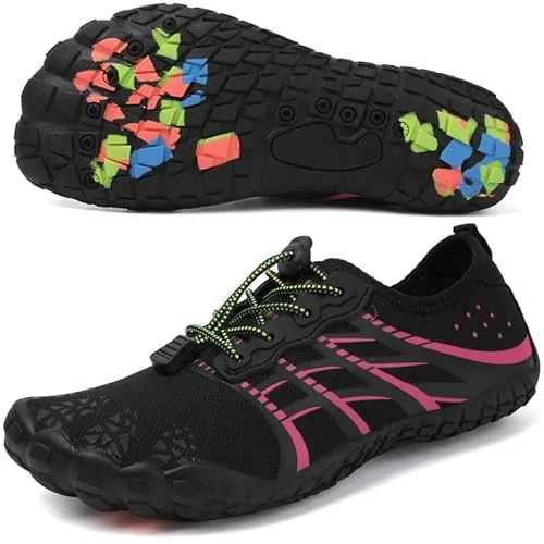 Unisex Zapatos Descalzos Hombre Mujer Zapatos de Agua Hombres Mujeres Barefoot Zapatillas Outdoor Secado Rápido Surf Calzado para Yoga Playa Transpirable Ligero y Antideslizante(Negro-Rosa roja 39EU)