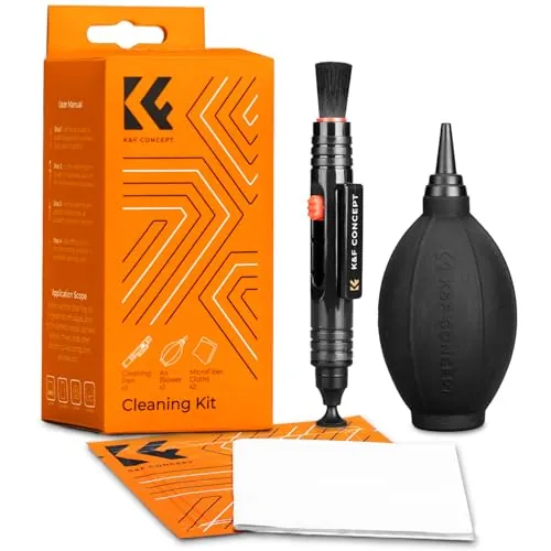 K&F CONCEPT 4 en 1 Kit de Limpieza Cámara, Cleaning Kit con Soplador+2 PCS Paño Limpieza Microfibra Envasado al Vacío+Lápiz Limpiador con Cepillo/Cabeza Carbono para Todos los de DSLR y Objetivos