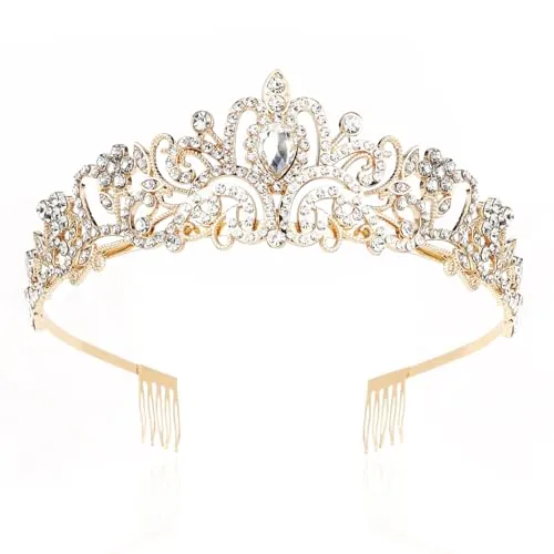 Corona para mujer, tiara de boda, corona de novia, cristal y diamantes de imitación, para bodas, bailes, desfiles y fiestas de princesas (Dorado)