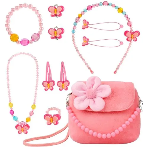 MEMOFYND Bolsa de Joyería de Flores, Juego de Accesorios de Color Rosa, Bolso de Mano para Niños y Niñas, Juego de Ropa para Fiesta, Regalo para Niños y Niñas, Hierro