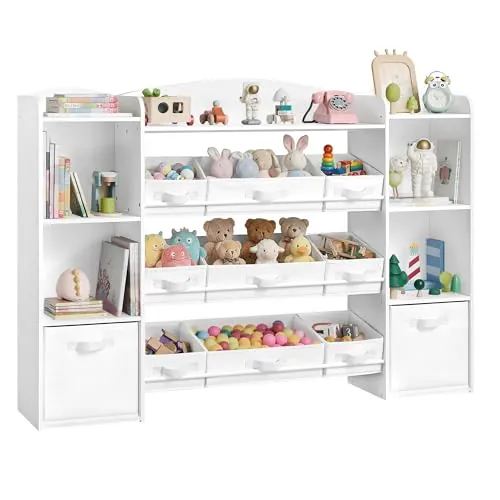 SONGMICS Estantería para Juguetes Infantiles, Estilo Montessori, 4 Compartimentos Abiertos, 9 Cestas, 2 Cajones, para Habitación Infantil, 30 x 143,8 x 104 cm, Blanco Nube GKR062WB01