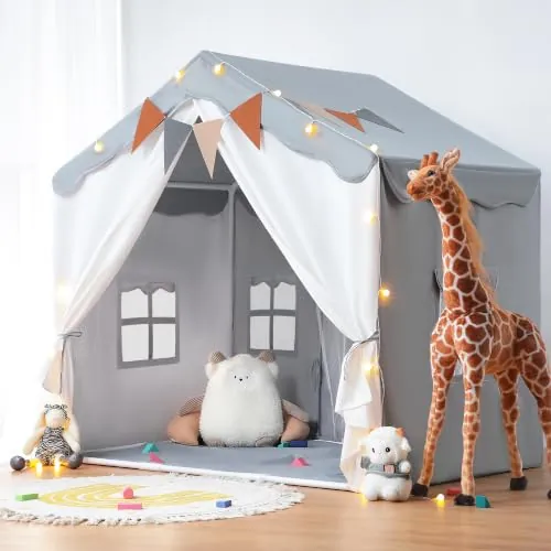 besrey Tienda de Campaña Infantil 2 en1 con Alfombra Acolchada, Luces y Banderas, Casita Infantil Tela de Juegos con 2 Puertas y 4 Ventanas, Cabañas para Niños (Gris)