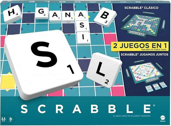 Mattel Games Scrabble 2 Juegos en 1 , juego de mesa familiar, palabras cruzadas, incluye tablero con 2 caras, 50 tarjetas con objetivos , 2-4 jugadores , +10 años, versión español (HXV99)