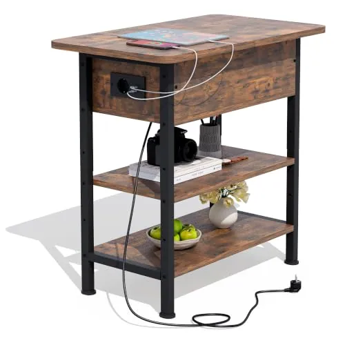 Autsel Mesa Auxiliar Pequeña con Multienchufe, Mesa Lateral Estrecha Madera