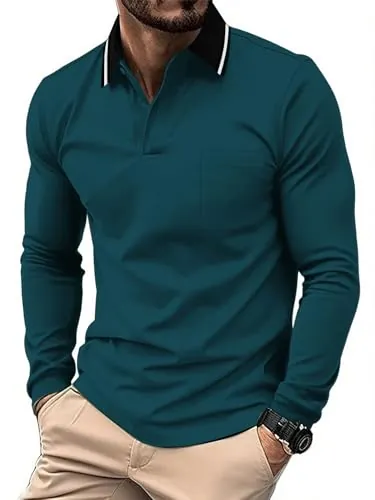 JACKETOWN Polo para Hombre Polo Manga Larga Camiseta de Golf Trabajo Transpirable T Shirt con Bolsillo Primavera Otoño Camisetas de Senderismo Pesca,Azul Oscuro,XXL
