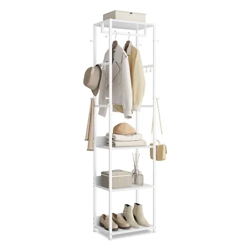 VASAGLE Perchero, Perchero con Barra para Colgar, Ganchos, Armario con Estantes, Marco de Acero, para Ropa, Bolsos, Sombreros, Blanco Nube RCR061WC02
