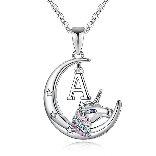 TINGN Collar de Unicornio Regalo para Niñas, Chapado en Oro Blanco de 14 Quilates con Inicial A y Cadena de Unicornio