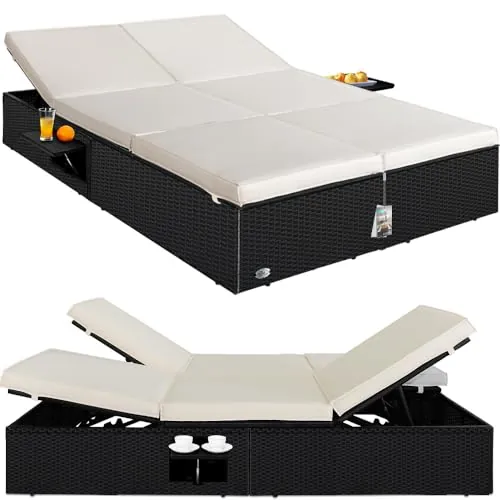 CASARIA® Tumbona Doble Jardín 200x115cm 2 Mesas Plegable Cojín Poliratán Resistente Intemperie 7 Posiciones Negro Crema