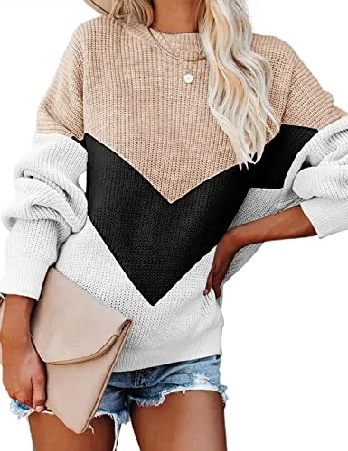 heekpek Jersey Punto Mujer Invierno Cuello Redondo Rayas de Costura en Forma de V Jersey Manga Larga Basico Casual Otoño e Invierno Suéter para Mujer, Marrón Claro, M
