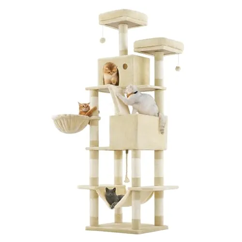Feandrea Árbol para Gatos Grandes, Torre de Gatos de 206 cm de Altura con 13 Poste, 2 Plataformas, 2 Cuevas, Cesta, Hamaca, Pompón, Rascador Multinivel, Beige PCT190M01
