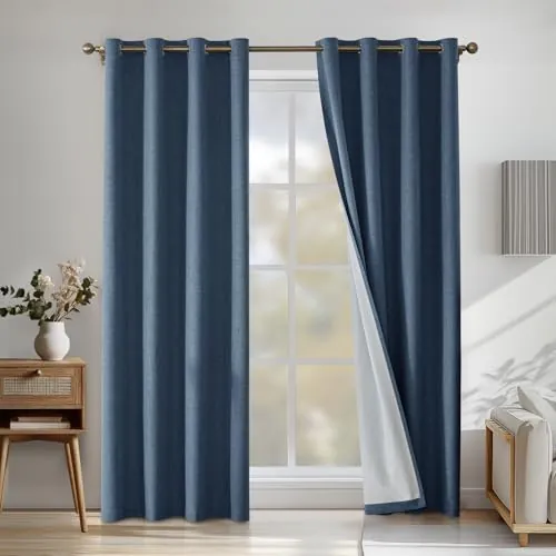 CYCMACO 100% Cortinas Opacas 2 Piezas, 140x260cm, Cortina Opaca Termica Aislante, Lino Cortinas Acusticas Antiruido, Cortina Salon Modernas con Ojales, para Habitacion Comedor, Azul Oscuro