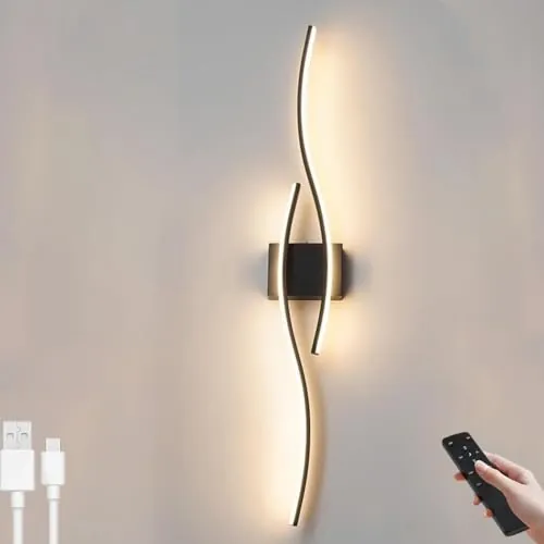 LOGT Aplique LED Recargable sin Taladrar 80cm Largo Aplique Interior Regulable con Mando a Distancia Luz de Pared Inalámbrico Diseño Curvo 10W 6000mAh con Temporizador Lámpara de Mesilla de Noche