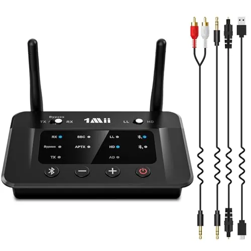 1Mii B03 Transmisor Receptor Bluetooth 5.3 para TV, Adaptador Emisor Audio Inalámbrico aptX LL/HD, con Salida/Entrada Óptica/RCA/AUX, Doble Enlace a 2 Auriculares Bluetooth, Estéreo, Largo Alcance 70m