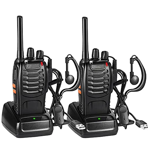 Walkie Talkie Profesionales, USB Recargables 1500mAh, 16 Canales CTCSS DCS, PMR 446 Radiocomunicación con el Auricular Incorporado Antorcha de LED, VOX - 1 Pare Negro BF-88E