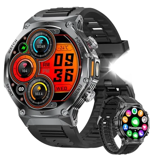 SUNKTA 1.85″ HD Smartwatch para Hombres Militar 800 mAh Batería Grande Reloj Inteligente para iOS Android Llamadas Bluetooth LED,Monitoreo de Salud Monitor de Sueño,100+ Modos Deportivos,Rojo